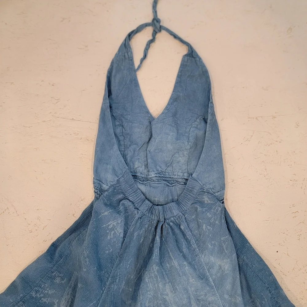 Blue Tye-Dyed Halter Dress With Embroidery - Picture 6 of 6
